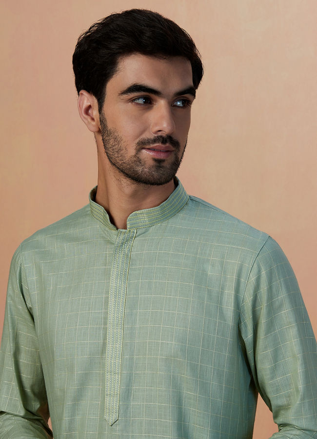 alt message - Manyavar Men Sage Green Self Checquered Kurta Pajama image number 0